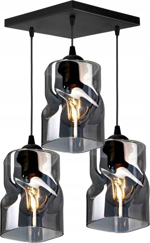 Hanglamp Industrieel Smoke / Zwart - 3-lichts - Vierkante montageplaaat - Glas - Hanglampen Eetkamer, Slaapkamer, Woonkamer 'TwistLux'