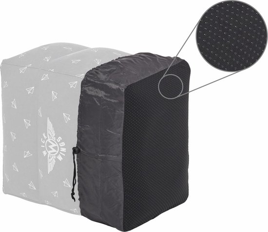 Zwarte hoes met antislip noppen voor een opblaasbaar vliegtuigbedje.