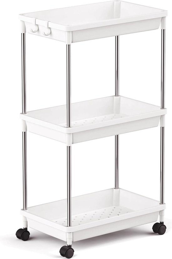 Foto: 3 laags opbergtrolley smalle opberger voor ruimtebesparende indeling rollende badkamer keuken trolley op wielen 39 x 20 x 70 cm wit