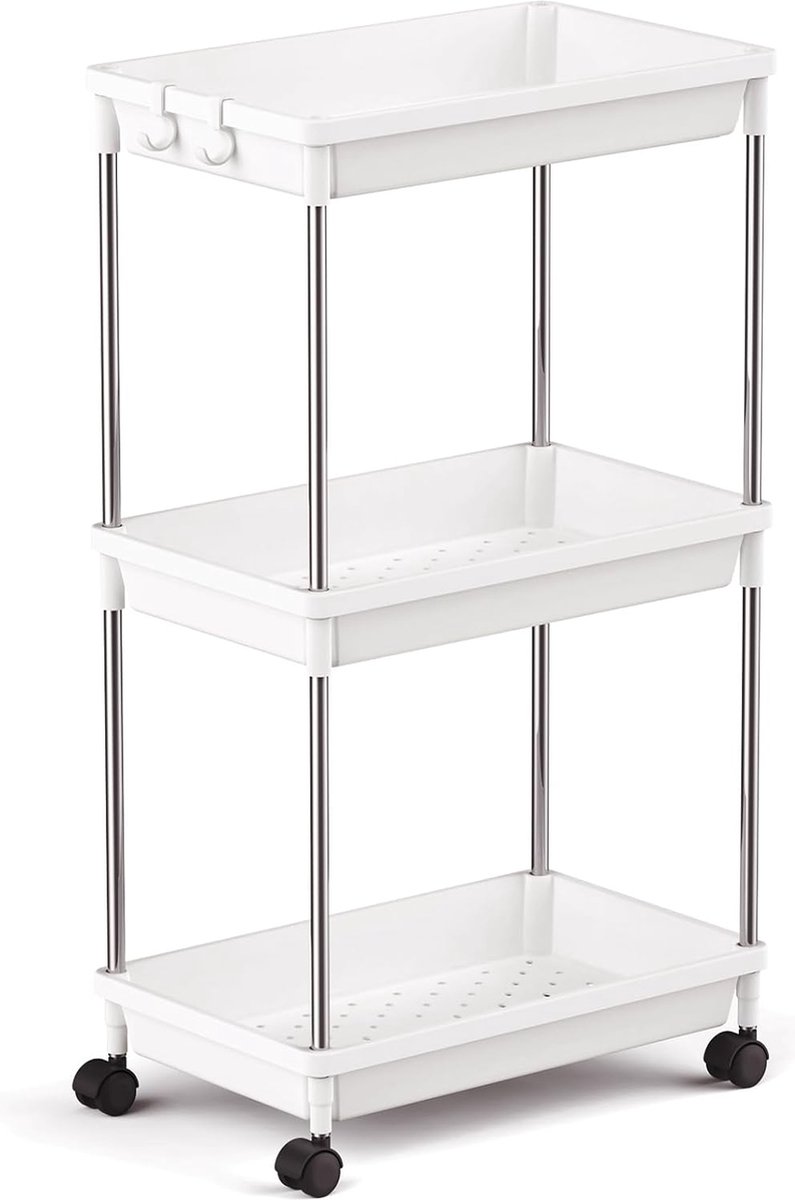 3-laags Opbergtrolley, Smalle Opberger voor Ruimtebesparende Indeling, Rollende Badkamer Keuken Trolley op Wielen, 39 X 20 X 70 Cm, Wit