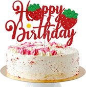 Aardbeien Taart Topper - Happy Birthday - Rood - Vrolijke Topper - Fruit - Taart Versiering - Verjaardag Versiering - Taart Decoratie - Kinderfeestje - Toppers - Taarttopper - Cake Topper