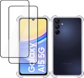 Hoesje + 2x Screenprotector geschikt voor Samsung Galaxy A15 – Full Screen Tempered Glass - Extreme Shock Case Transparant
