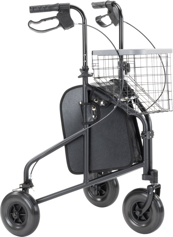 Driewiel indoor rollator zwart - Lichtgewicht - Inclusief dienblad, mandje en tas - Inklapbaar / opvouwbaar - Binnen drie wiel rollator