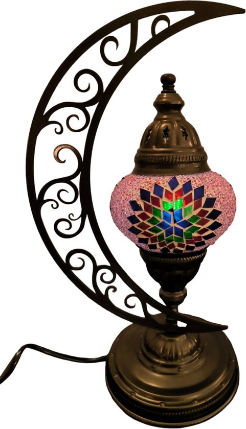 Baquey - Lampes mosaïque - Lampe de table - Handgemaakt - Oriental - Bohème - Mosaic - Décoration - Article cadeau - Demi lune - Pink/ Blue