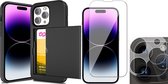 Hoesje met Pasjeshouder geschikt voor iPhone 15 Pro - Screenprotector GlassGuard & Camera Lens Screen Protector - Back Cover SlideCase Zwart