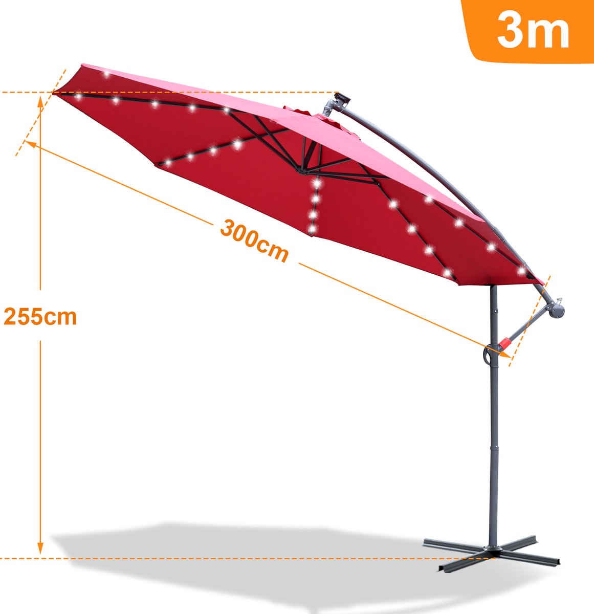 Zweefparasol - Strandparasols - Balkonparasols - Solar LED parasol Waterdicht - Parasol - Parasols - Ø 300cm - 3m - Tuinparasol - Zonne-energie - Rood- Draai- en Kantelbaar - 360° draaibaar - Duurzame Zweefparasol - Met voet – foto 2
