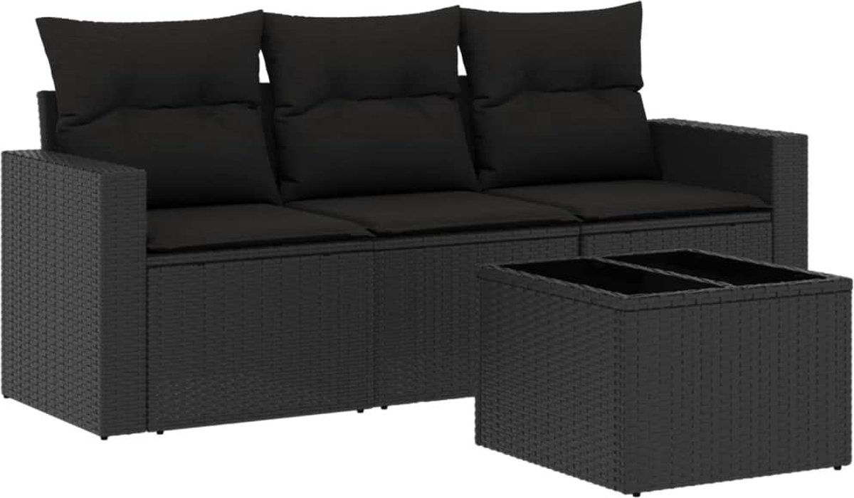vidaXL 4-delige - Loungeset - met - kussens - poly - rattan - zwart