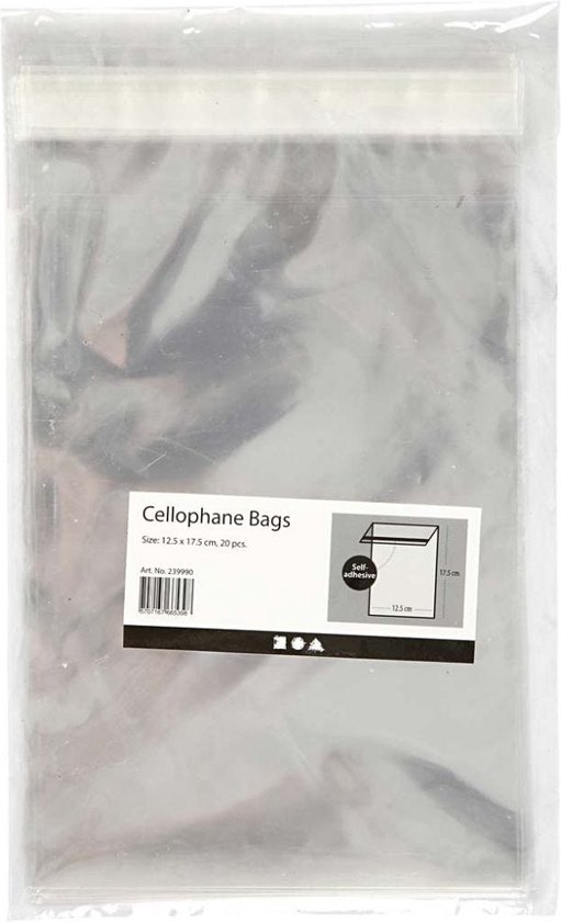 Sacs cellophane - Sacs de rangement - Sacs cadeaux - Bande de fermeture autocollante - Transparent - Rectangle - 17,3x12,3cm - 25 Microns - Creotime - 20 pièces