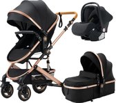 Kinderwagen 3 in 1 - Luxe kinderwagen - Wandelwagen baby - Buggy - Inclusief autostoeltje - Zwart met Goud/Brons - Verstelbaar