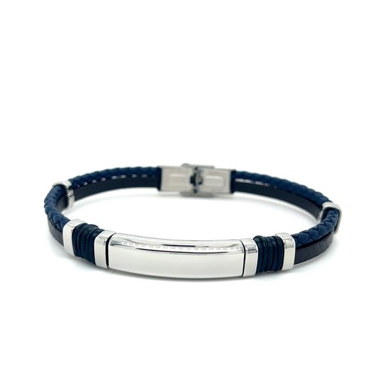 Heren armband - Armband Leer - Blauw gevlochten met zwarte Armband en haak sluiting- Stainless steel - valentijn cadeautje voor hem