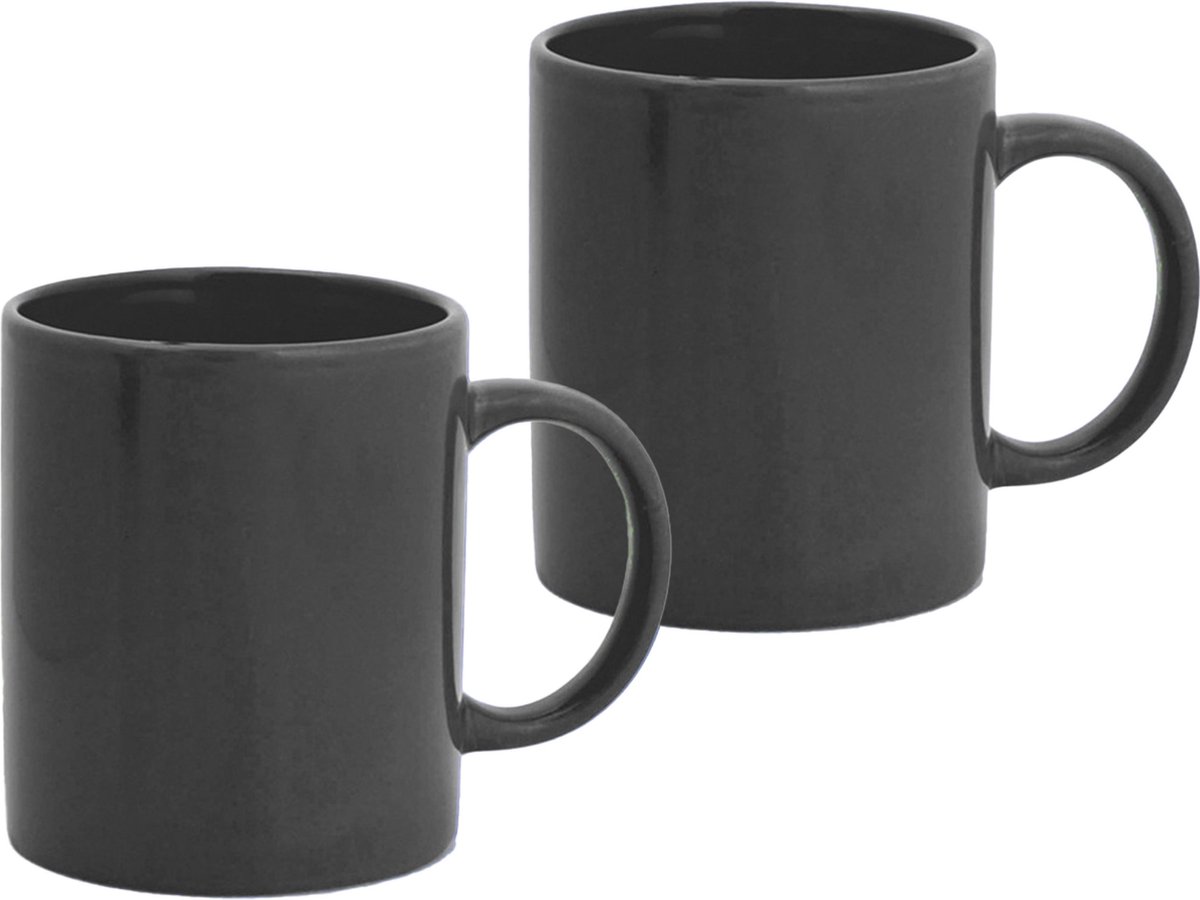 Bellatio Design Koffie mokken/bekers - 2x - keramiek - glans - met oor - zwart - 370 ml