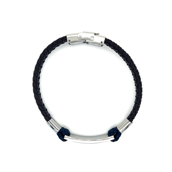 Heren armband - Armband Leer - Bruin/ Blauw gevlochten Armband met haak sluiting- Stainless steel - valentijn cadeautje voor hem - Merkloos