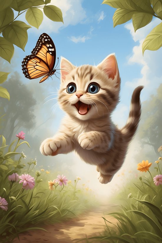 Kitten en Vlinder | Kinderkamer Poster | Dierenposter | Poes | Kattenposter | Babykamer Decoratie | 61x91cm | Wanddecoratie | Muurposter | MT | Geschikt om in te lijsten