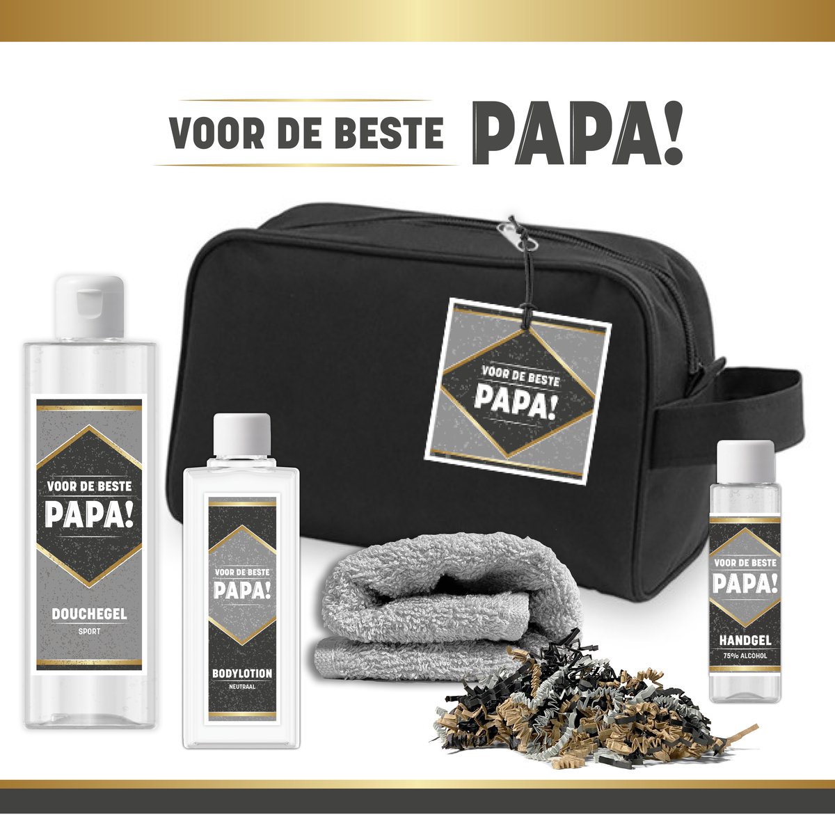 Goedkoopste Geschenkset ''Voor De Beste Papa - 5 Producten 480 gram| Cadeau Man - Giftset Voor Hem - Toilettas Vaderdag - Speciaal voor jou Topper - Bedankt Vader - Verjaardag - Kerst Kerstpakket - Kerstcadeautje - Bodylotion - Douchegel - Zwart - Goud - Grijs