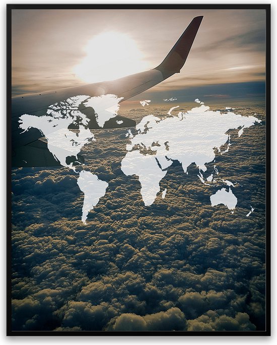 Vliegtuig raam wereldkaart fotolijst met glas 50 x 70 cm - Prachtige kwaliteit - vliegtuig - Slaapkamer - wereld - wereldkaart - Harde lijst - Glazen plaat - inclusief ophangsysteem - Grappige Poster - Foto op hoge kwaliteit uitgeprint