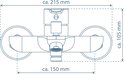 Technische tekening matzwarte badkraan met afmetingen: ca. 215 mm breed, 150 mm hartafstand, 105 mm hoog.