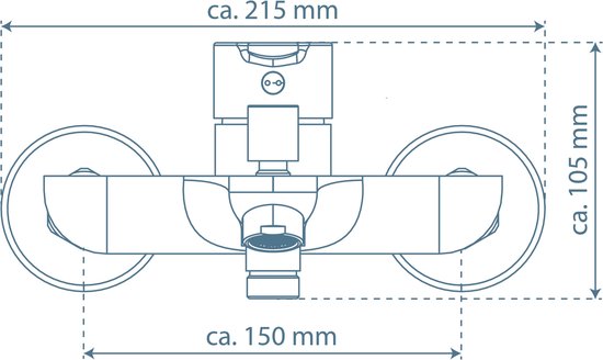 Technische tekening matzwarte badkraan met afmetingen: ca. 215 mm breed, 150 mm hartafstand, 105 mm hoog.