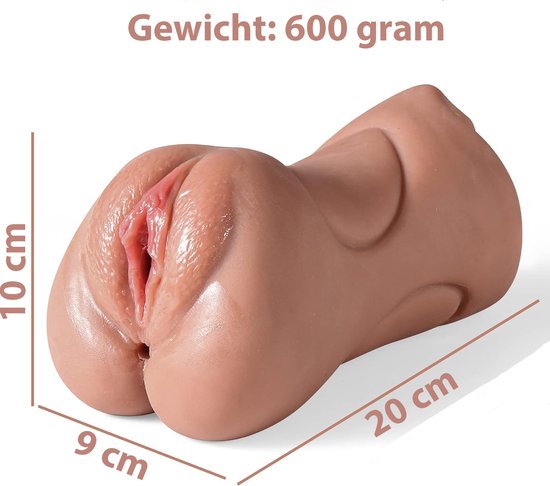 Gedetailleerde close-up van een realistische masturbator met roze vagina opening, met afmetingen 9 cm, 10 cm en 20 cm aangegeven.