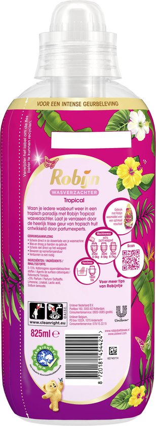 Robijn Tropical wasverzachter met afbeelding van een teddybeer en tropische planten. Wasverzachter 825 ml.