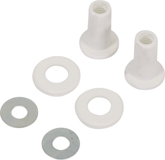 Twee witte steunbussen en drie ringen op witte achtergrond.