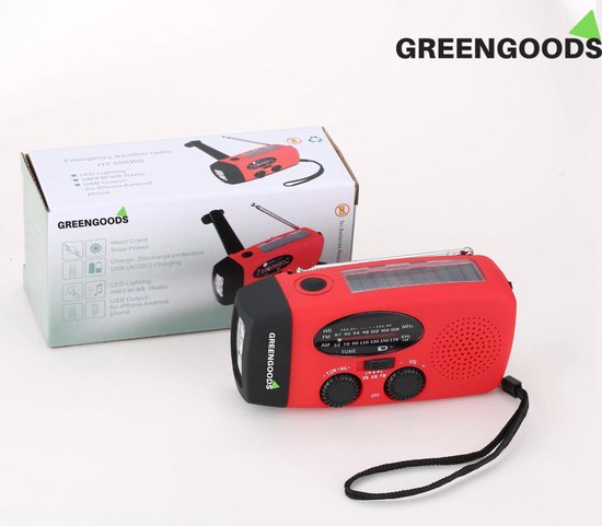 Greengoods® - Draagbare Noodradio - USB Ingang - Solar Opwindbaar - SOS Alarm - Noodpakket - Kampeer radio - Kunststof Rood