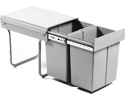Homra Inbouw Afvalemmer 2x20L - Inbouw Prullenbak Keukenkast - 2 Afvalbakken - Uittrekbare Inbouwprullenbak - Inbouwvuillbak voor enkel bodemmontage in draaideurkasten - Afvalbak - Afvalscheidingsprullenbak Keuken - Grijs