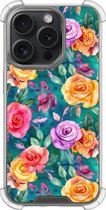 Shockproof hoesje - Geschikt voor iPhone 15 Pro - Rozen - Extra sterke case - TPU/polycarbonaat - Bloemen - Multi, Transparant