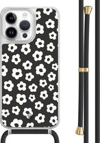 Casimoda® hoesje met zwart koord - Geschikt voor iPhone 13 Pro Max - Retro Bloempjes - Afneembaar koord - TPU/polycarbonaat - Zwart
