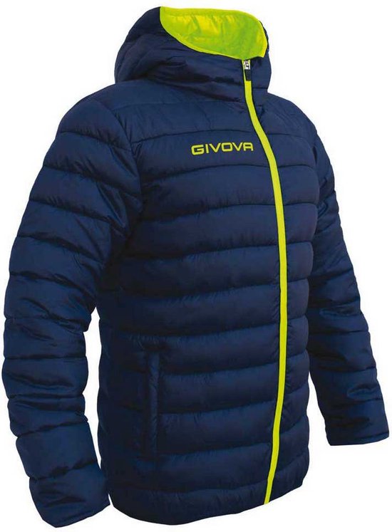 Donkerblauwe GIVOVA jas met gele rits en voering, capuchon, gevulde body en mouwen.