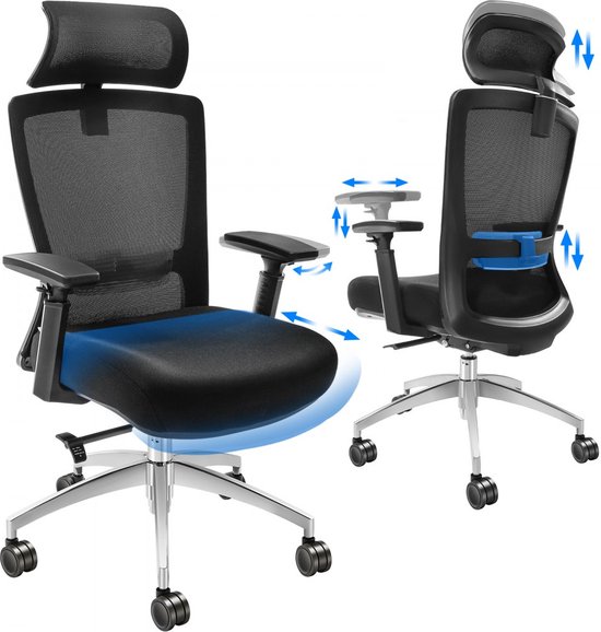 ergonomische bureaustoel, bureaustoel met verstelbare hoofdsteun 40 mm, met armleuningen lendensteun, draaistoel schommelfunctie, directiestoel van gaas, rugvriendelijk, bureaustoel 136 kg