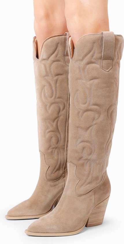 Sacha - Dames - Beige hoge suède cowboylaarzen - Maat 36