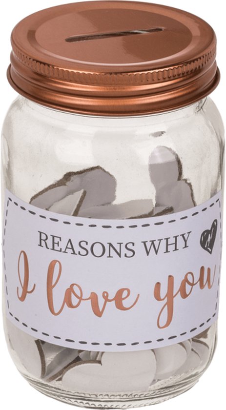 Glazen pot met koperkleurig deksel, gevuld met hartjes. De tekst 'REASONS WHY I love you' staat op het etiket.