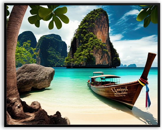 Thailand eiland boot fotolijst met glas 50 x 70 cm - Prachtige kwaliteit - eiland - Thailand - zee - strand- Glazen plaat - inclusief ophangsysteem - Poster - Foto op hoge kwaliteit uitgeprint