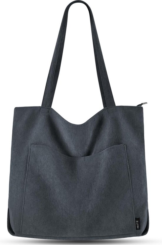 Handtas dames tote bag shopper grote schoudertas koord buideltas stoffen tas voor college school werk reizen winkelen, grijs