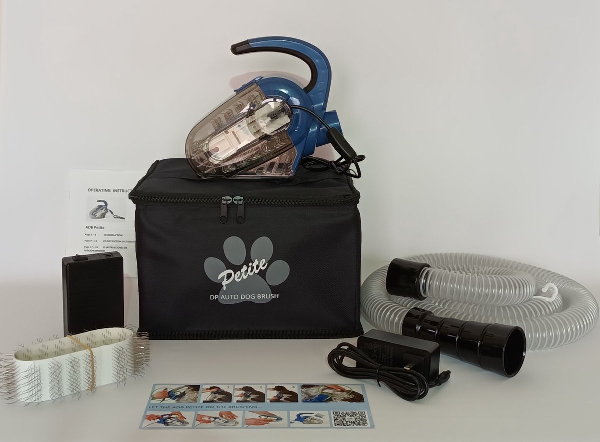 ADB Petite Plus Pakket - Electrische Hondenborstel - Hondenkam - Hondenborstel langharig - Honden borstel - Kattenborstel - Incl flexibele slang - incl blauwe en witte borstelband - incl powerbank