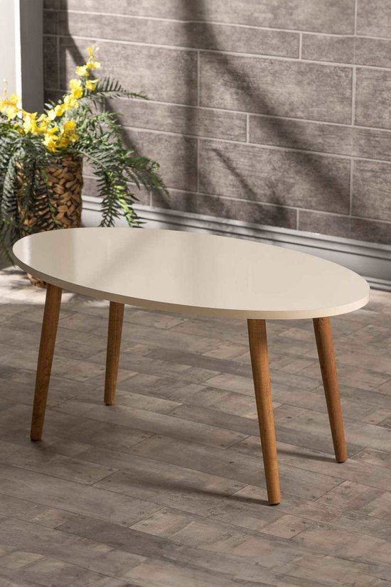 Salontafel - Houten Ellipse - Creme kleur- Luxe design | Bijzettafel | Sofa tafel | Woonkamer tafel I Houten poten (2000)