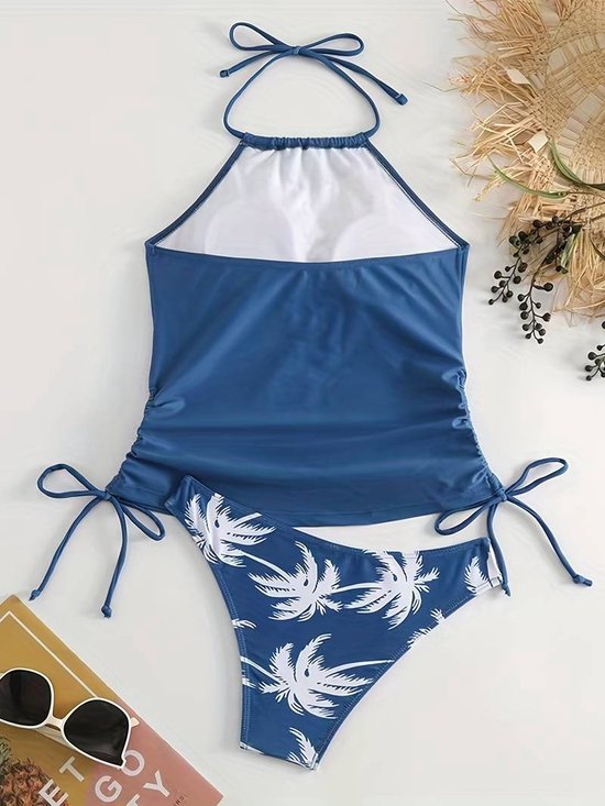 Fashion tankini set met kokospalm print- halster ronde hals trekkoord hoog uitgesneden 2-delig zwempak aan de zijkant-Badpak Bikini Zwemkleding Strandkleding- Blauw- Maat XL - Merkloos