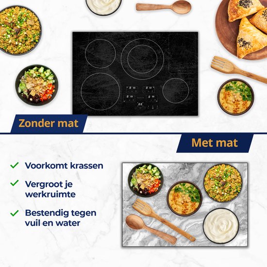Chefcare Inductie Beschermer Witte Marmer - Abstracte Kunst - Zwart Wit - 65x52 cm - Afdekplaat Inductie - Kookplaat Beschermer - Inductie Mat