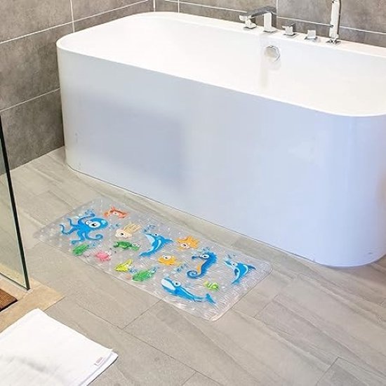 Badmatten voor bad - grote cartoon antislip badkamer badmat antislip douchematten voor vloer 88 x 38 cm, machinewasbaar, badkamermatten in grote maten (Blue-Octopus ZY)