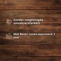 Een illustratie van een blad en een stoofpan met stoom op een houten achtergrond. Tekst luidt: 'Zonder toegevoegde smaakversterkers' en 'Met Beter Leven-keurmerk 1 ster'.