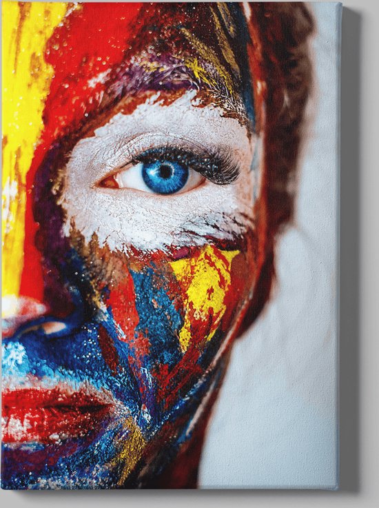 Canvas Schilderij - Vrouw Gezicht - Kleurrijk - 90x60x2 cm