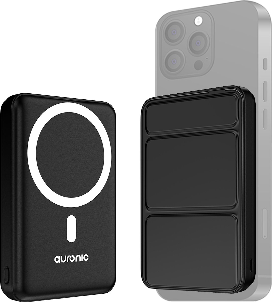 Auronic MagSafe Powerbank - 10.000 mAh - 22.5W - iPhone 12/13/14/15 snellader - Magnetisch en Draadloos opladen - Zwart