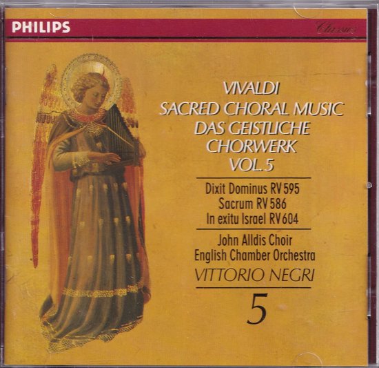 Vivaldi Sacred Choral Music Vol. 5 cd-hoes met een schilderij van een engel met vleugels en harp.