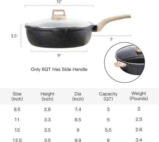 CAROTE 28cm Nonstick Saute pan, Frying pan with lid, granite PFOA-free