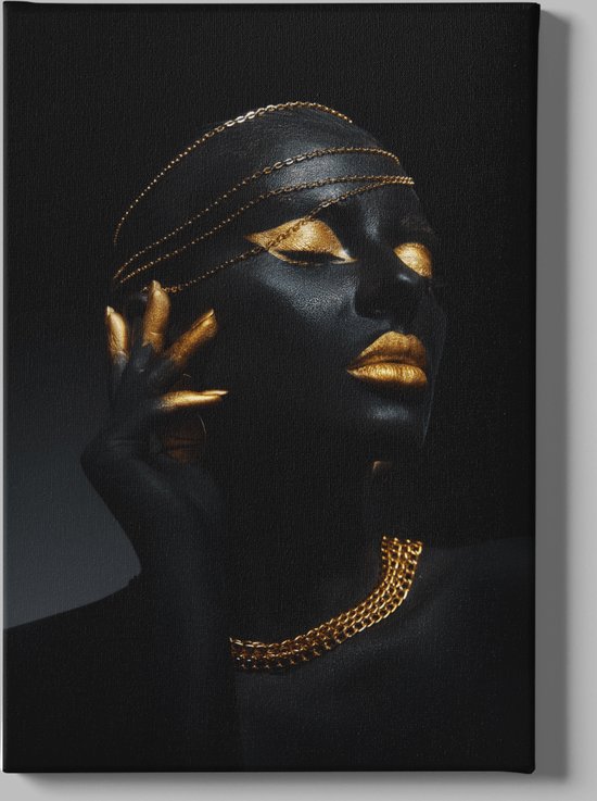 Canvas Schilderij - Vrouw met Sieraden - Goud - Zwart - 90x60x2 cm