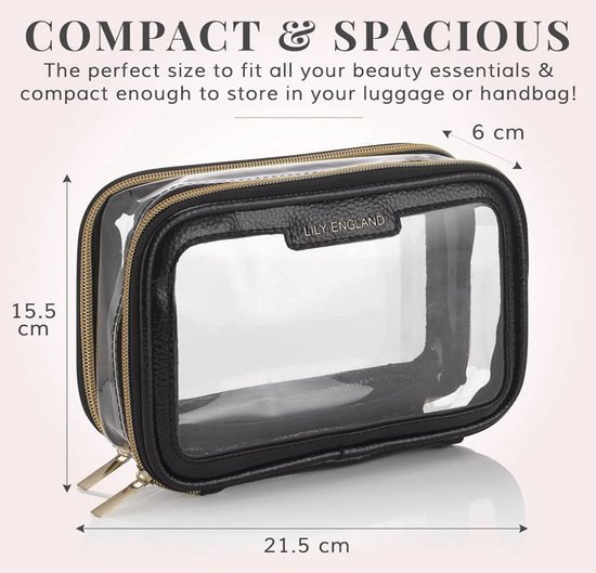 Doorzichtige opbergtas voor op reis - Kleine draagbare toilettas voor op de luchthaven - Make-uptas voor onderweg - Zwart en goud