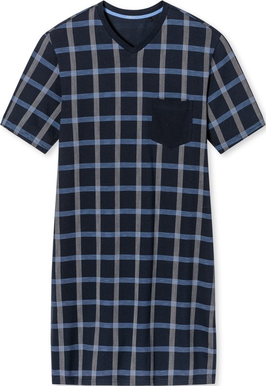 SCHIESSER Comfort Nightwear nachthemd - heren nachthemd korte mouw organic cotton V-hals borstzak nachtblauw geruit - Maat: 5XL