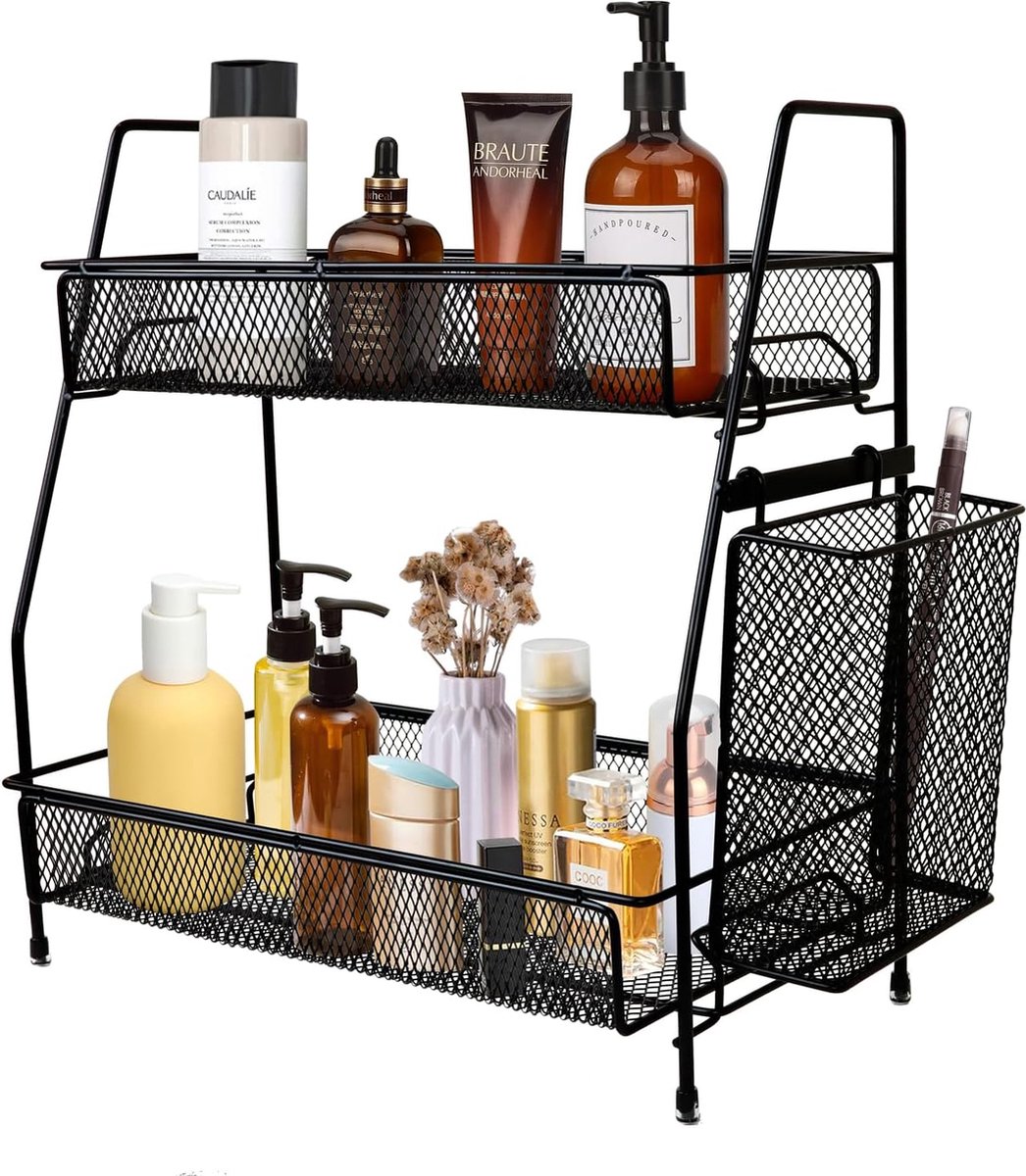 Badkamerorganizer met 2 niveaus, organizer voor specerijen, met toiletartikelen, mand, keukenaanrek, rek voor badkamer, keuken, slaapkamer, kantoor (zwart)