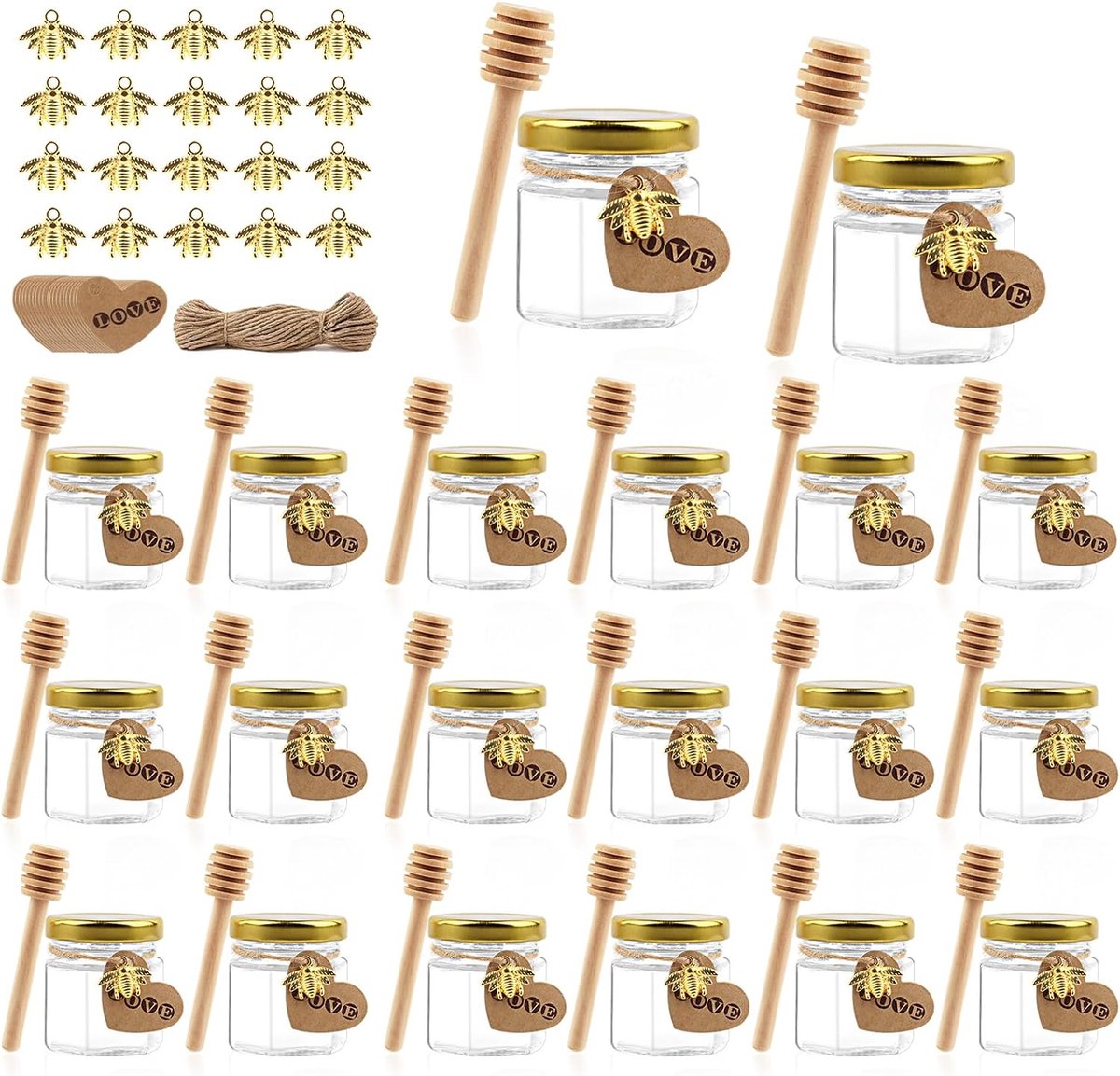 mini-honingglazen, 20 stuks, 45 ml, inmaakpotten, kleine jampotten met houten lepels, gouden deksels, bijenhangers, mini-honingglazen van glas, voor geschenken en huwelijksgeschenken