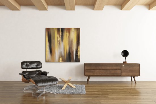 Canvas Schilderij Abstract - Geel - Goud - Zwart - Wanddecoratie - 100x100x2 cm